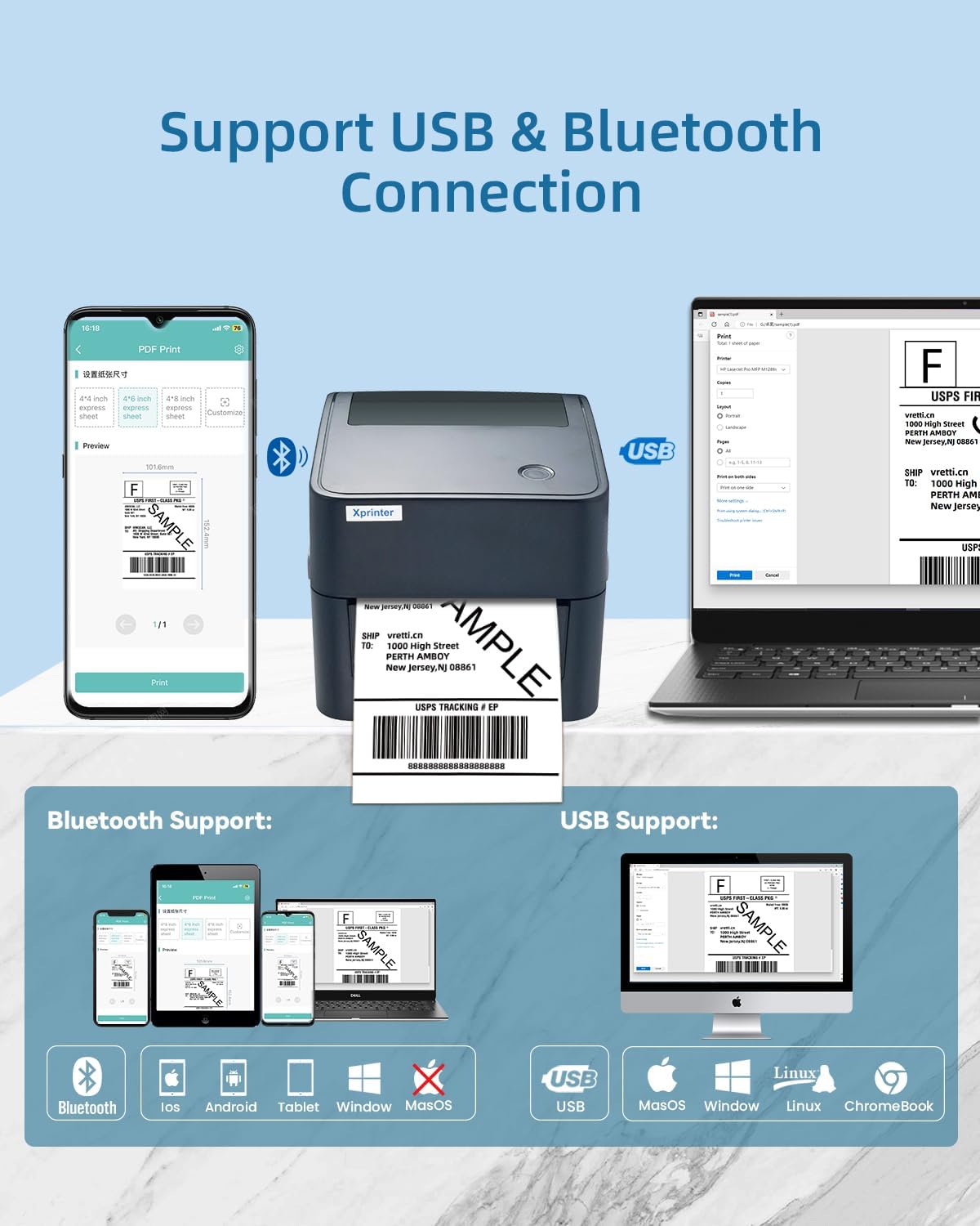 vretti Wireless Shipping Label Printer,Bluetooth Thermal Label Printer 4x6 for Shipping Label,Postage Label,Compatible with Windows,Mac OS and Linux systems, With Built in Paper Holder - Amazing Gadgets Outlet