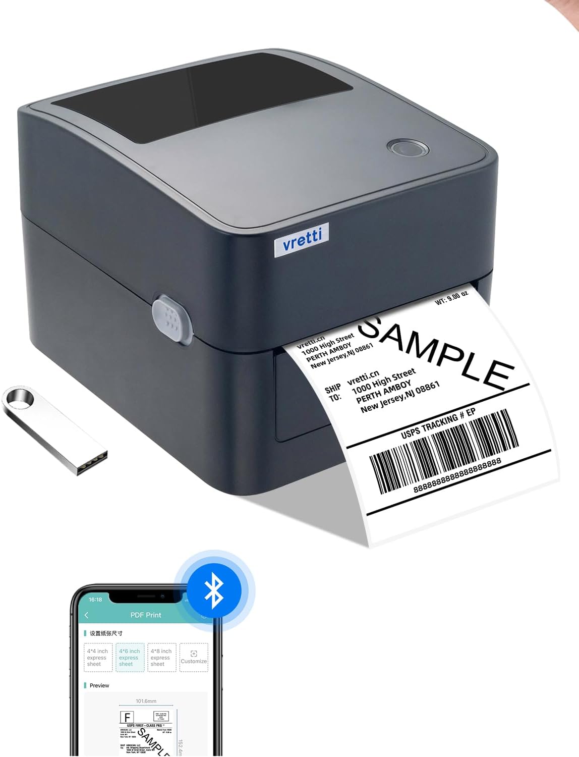 vretti Wireless Shipping Label Printer,Bluetooth Thermal Label Printer 4x6 for Shipping Label,Postage Label,Compatible with Windows,Mac OS and Linux systems, With Built in Paper Holder - Amazing Gadgets Outlet