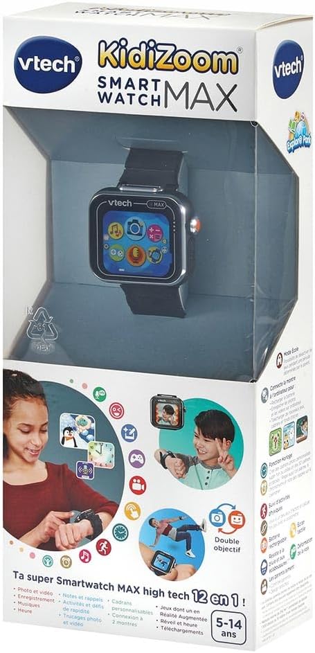 VTech - KidiZoom SmartWatch MAX Black, Children's Digital Watch, Photo, Selfie, Video, Horizontal Touch Screen, High - Tech Toy, Gift for Children and Teens from 5 to 14 Years - English Content - Amazing Gadgets Outlet