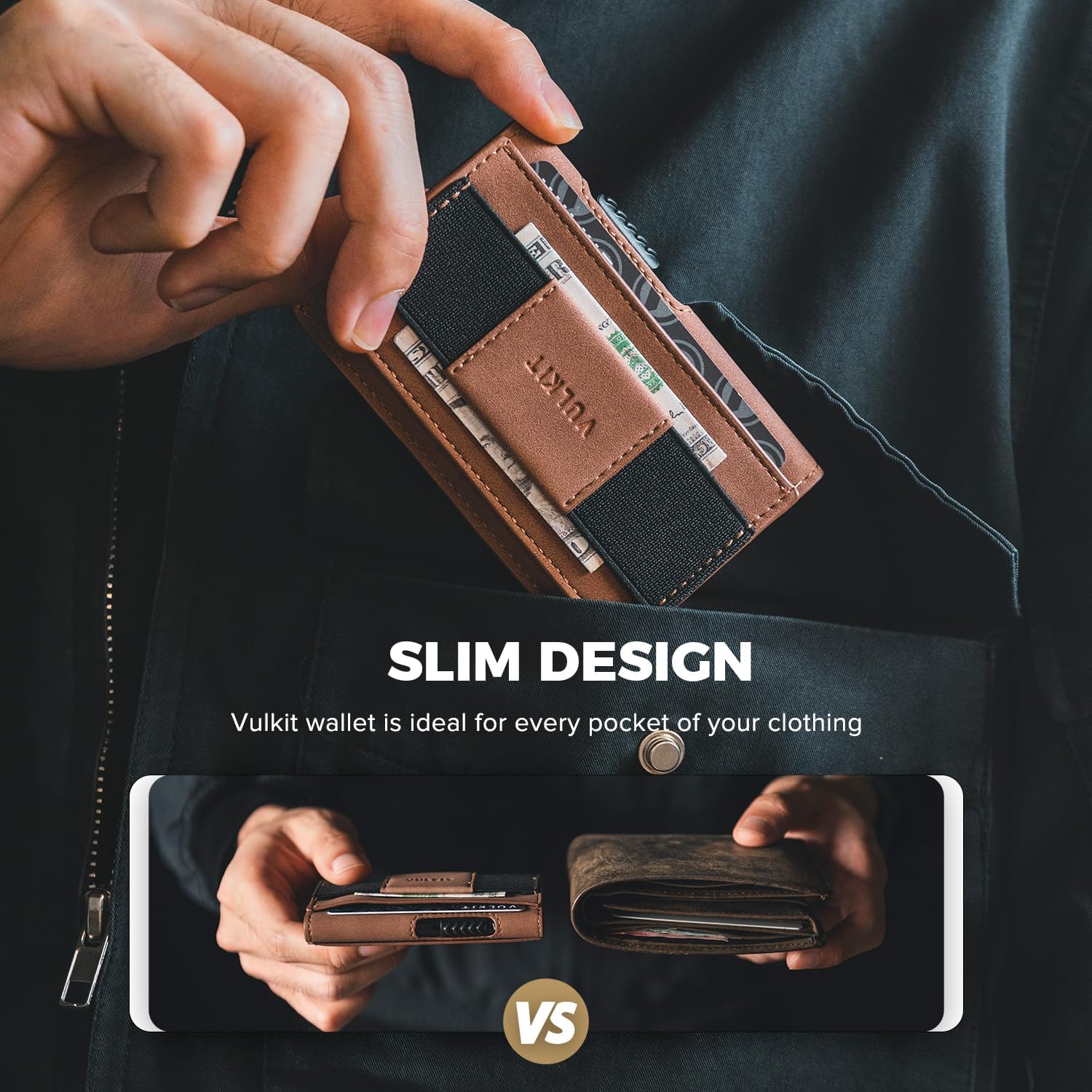 VULKIT Slim Card Wallet Vegan Leather with Inner Aluminum Pop Up Card Holder, ID Window and Elastic Strap, RFID Blocking Wallet, Brown - Amazing Gadgets Outlet