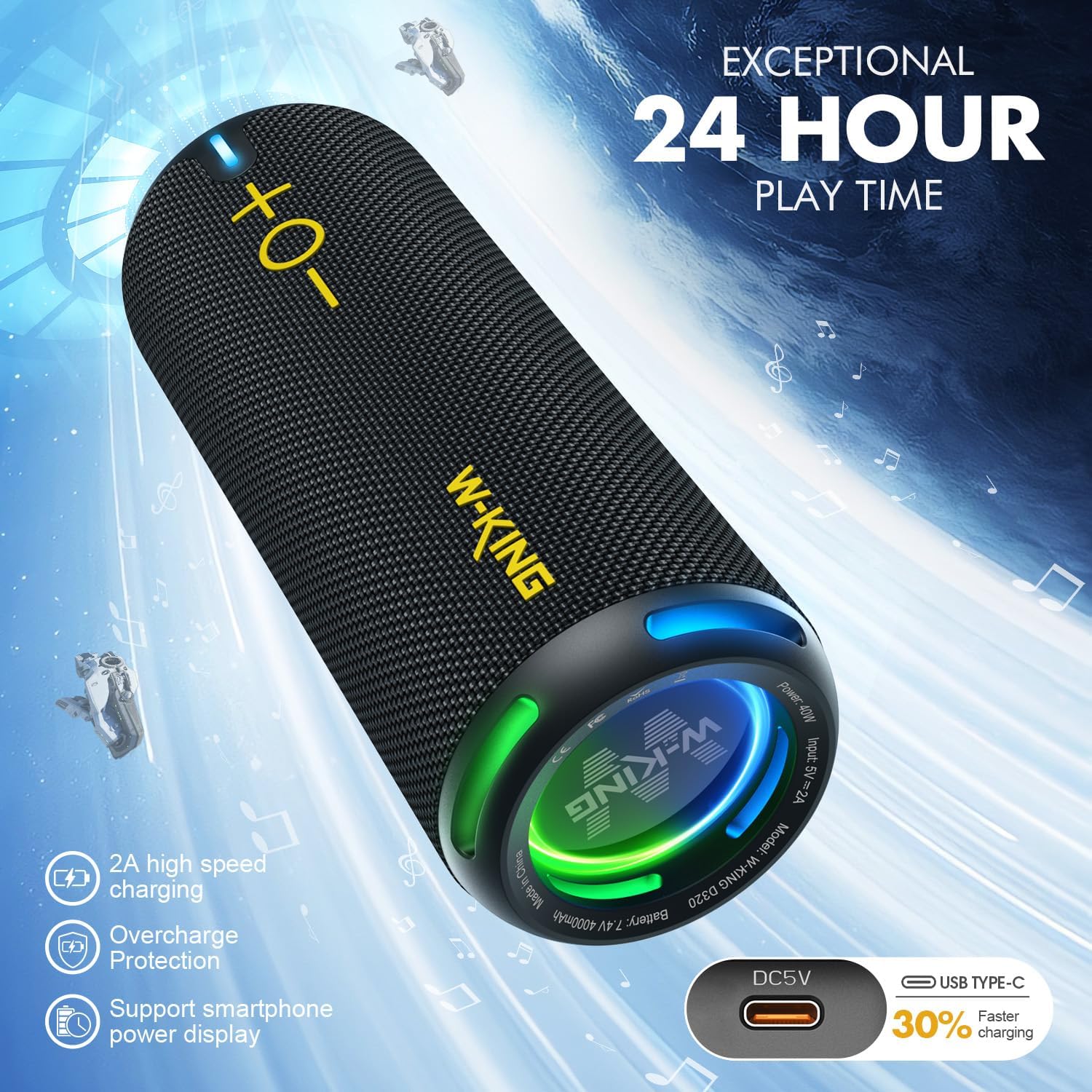 W - KING Portable Bluetooth Speaker, IP67 Waterproof Outdoor Speaker Wireless Loud, Customized EQ APP/Deep Bass, 360° Sound with Dual Voice Coil/Light/V5.3/TF/AUX, 40W Party Home Boombox Shower Speaker - Amazing Gadgets Outlet