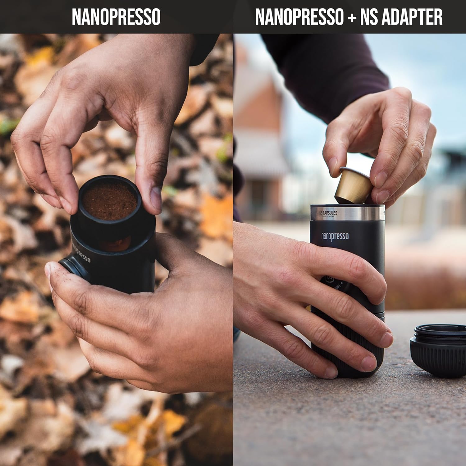 WACACO Nanopresso Portable Espresso Maker Bundled with NS Adapter, Compatible With Ground Coffee&NS Capsule, Travel Coffee Maker, 18 Bar Pressure, Manually Operated, Perfect for Camping and Adventure - Amazing Gadgets Outlet