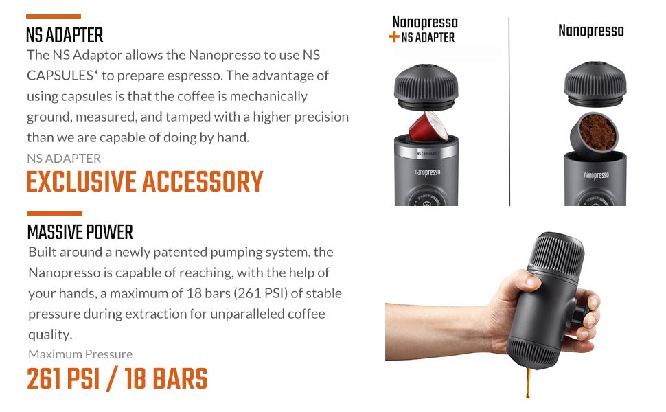 WACACO Nanopresso Portable Espresso Maker Bundled with NS Adapter, Compatible With Ground Coffee&NS Capsule, Travel Coffee Maker, 18 Bar Pressure, Manually Operated, Perfect for Camping and Adventure - Amazing Gadgets Outlet