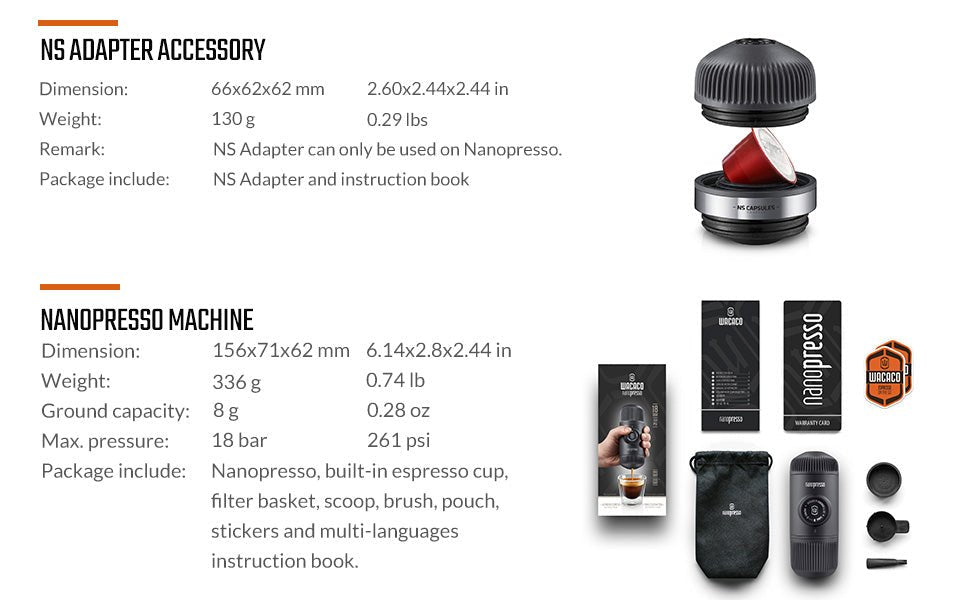 WACACO Nanopresso Portable Espresso Maker Bundled with NS Adapter, Compatible With Ground Coffee&NS Capsule, Travel Coffee Maker, 18 Bar Pressure, Manually Operated, Perfect for Camping and Adventure - Amazing Gadgets Outlet