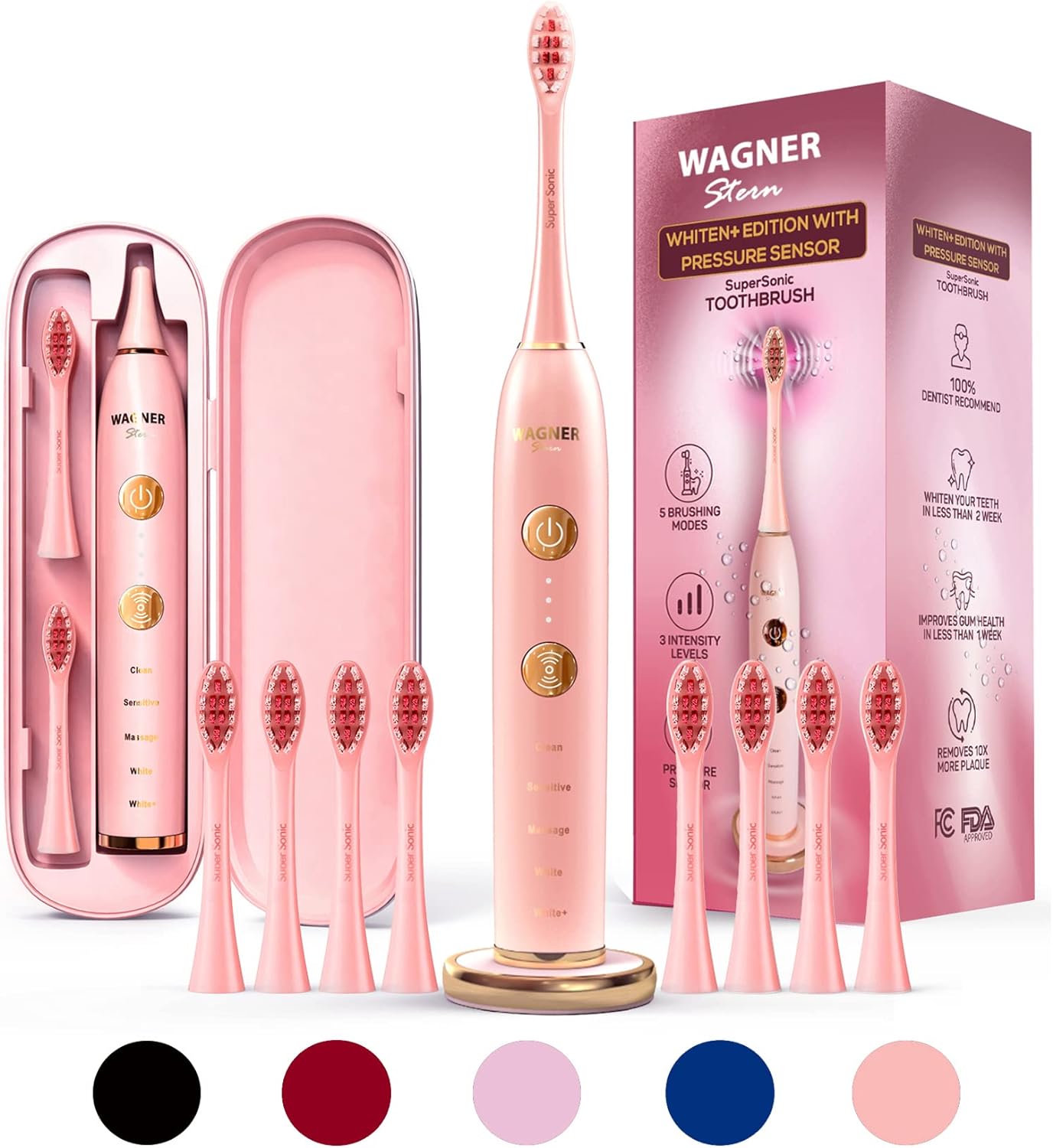 Wagner & Stern WHITEN+ Edition. Smart Electric Toothbrush with Pressure Sensor. 5 Brushing Modes and 3 Intensity Levels, 8 Dupont Bristles, Premium Travel Case. - Amazing Gadgets Outlet