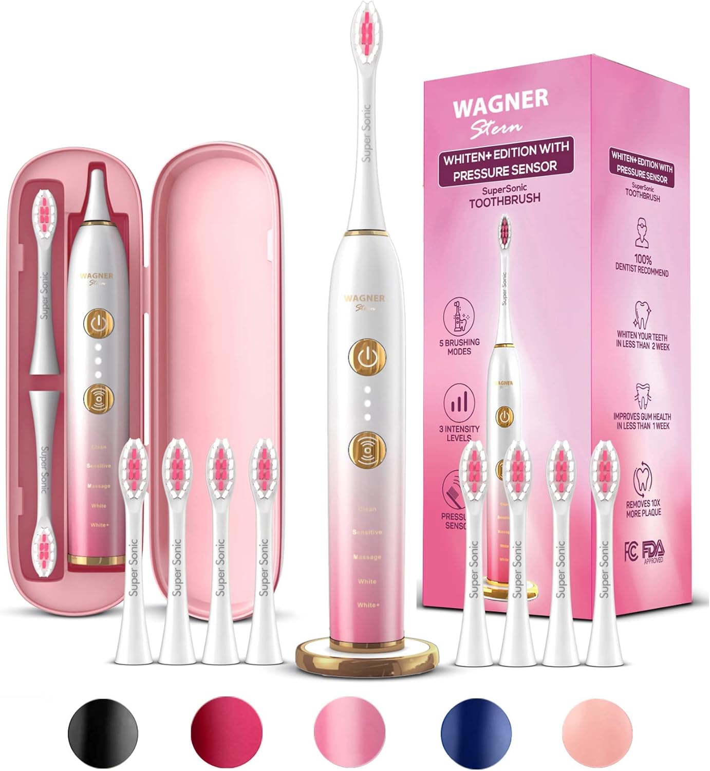 Wagner & Stern WHITEN+ Edition. Smart Electric Toothbrush with Pressure Sensor. 5 Brushing Modes and 3 Intensity Levels, 8 Dupont Bristles, Premium Travel Case. - Amazing Gadgets Outlet