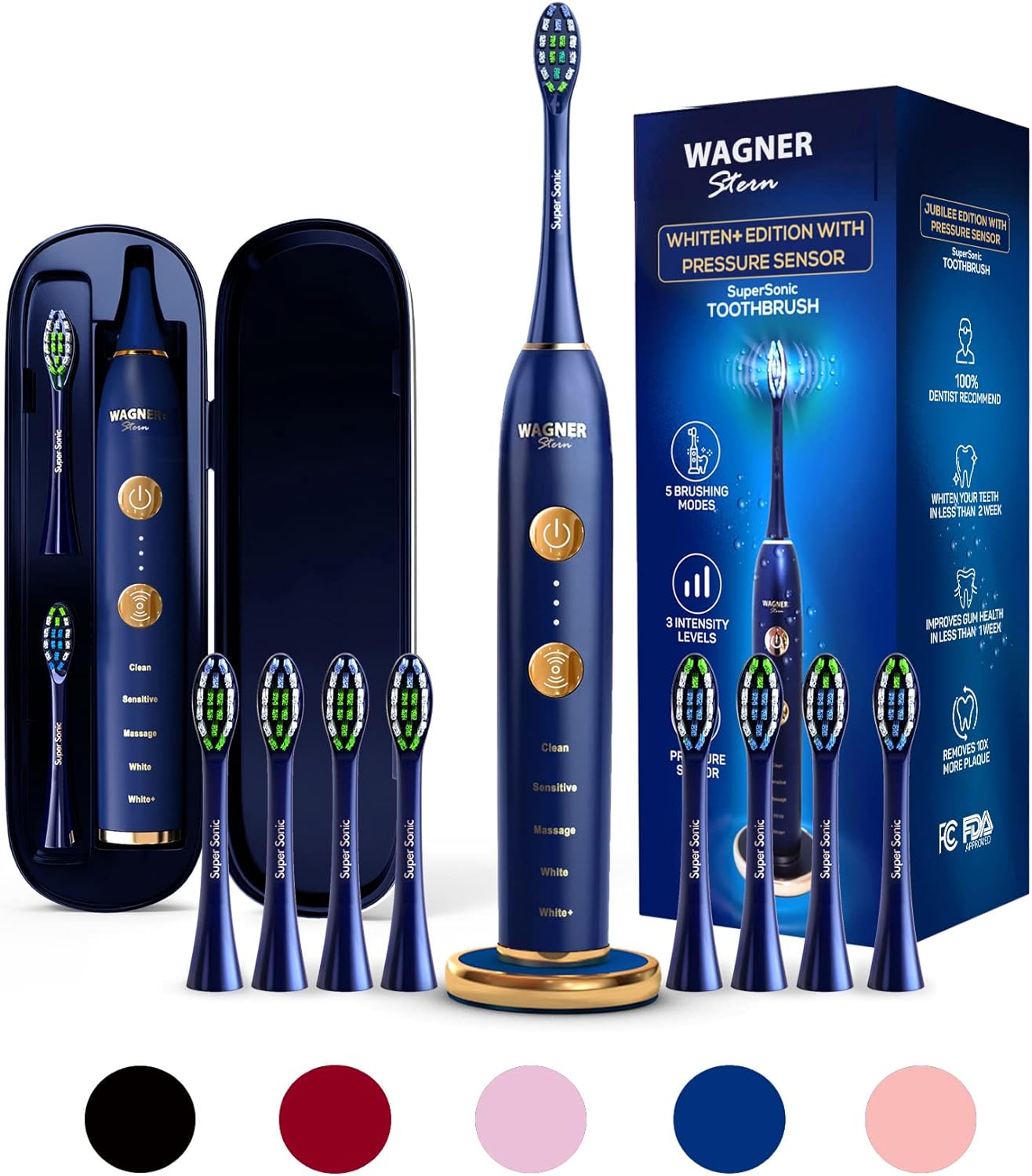 Wagner & Stern WHITEN+ Edition. Smart Electric Toothbrush with Pressure Sensor. 5 Brushing Modes and 3 Intensity Levels, 8 Dupont Bristles, Premium Travel Case. - Amazing Gadgets Outlet