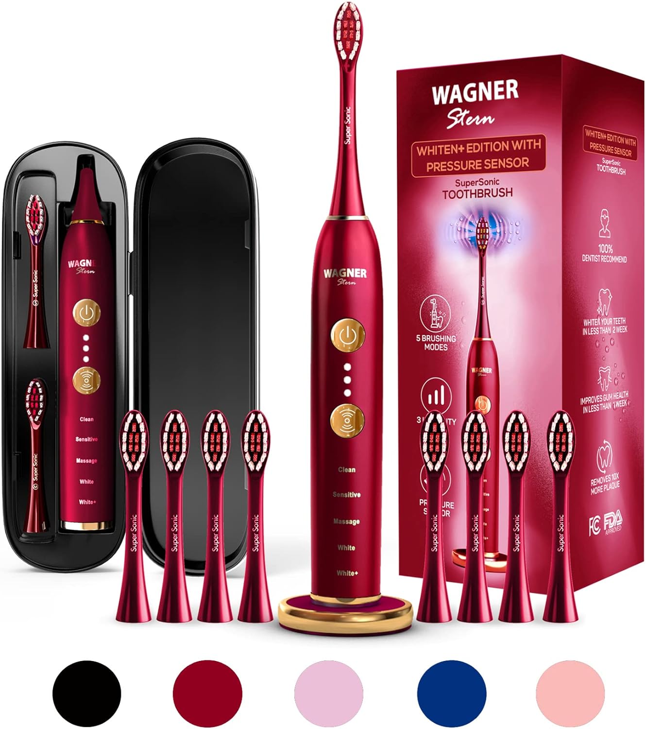 Wagner & Stern WHITEN+ Edition. Smart Electric Toothbrush with Pressure Sensor. 5 Brushing Modes and 3 Intensity Levels, 8 Dupont Bristles, Premium Travel Case. - Amazing Gadgets Outlet