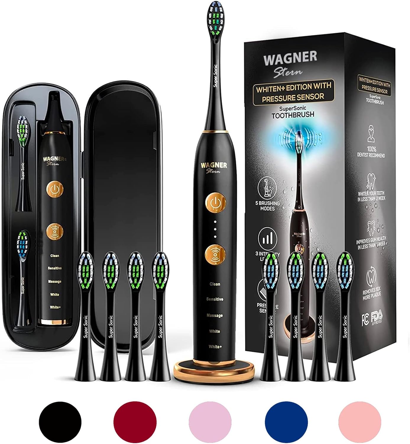 Wagner & Stern WHITEN+ Edition. Smart Electric Toothbrush with Pressure Sensor. 5 Brushing Modes and 3 Intensity Levels, 8 Dupont Bristles, Premium Travel Case. - Amazing Gadgets Outlet