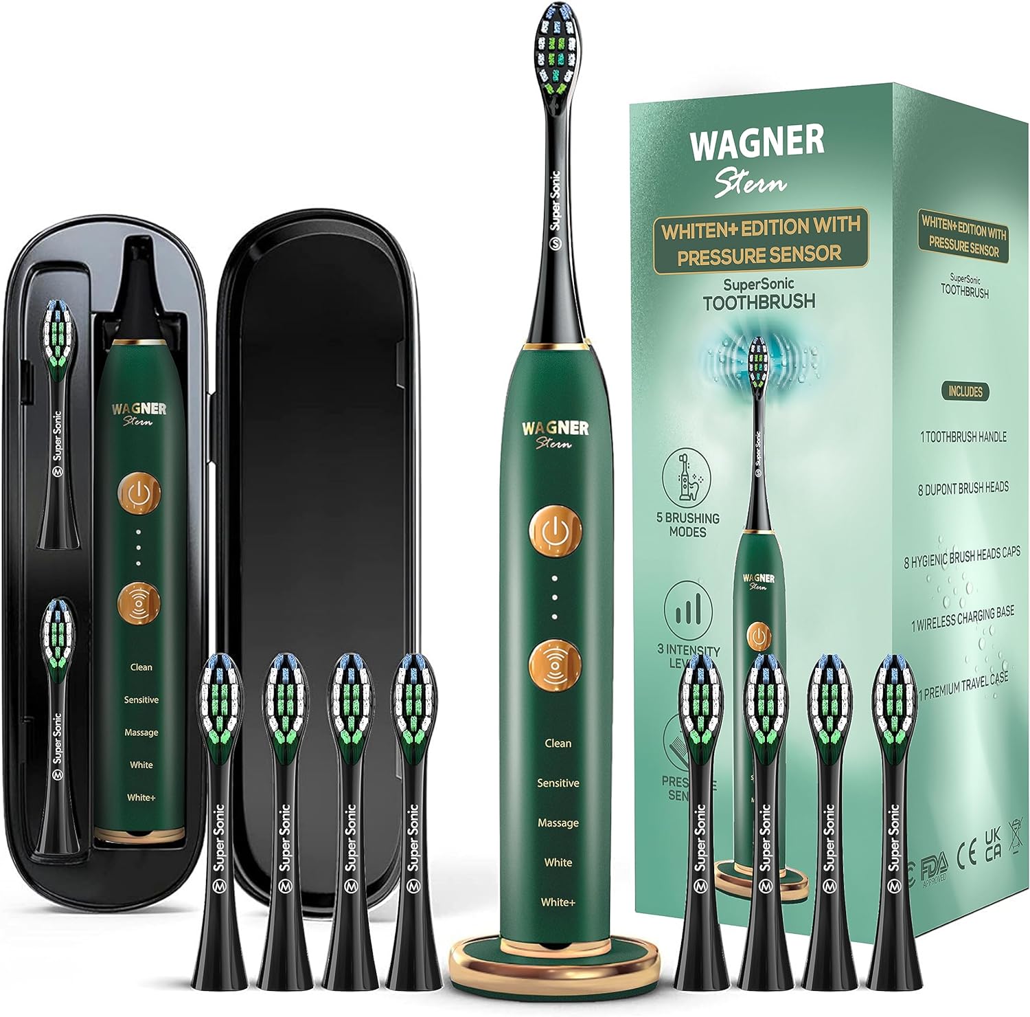 Wagner & Stern WHITEN+ Edition. Smart Electric Toothbrush with Pressure Sensor. 5 Brushing Modes and 3 Intensity Levels, 8 Dupont Bristles, Premium Travel Case. - Amazing Gadgets Outlet