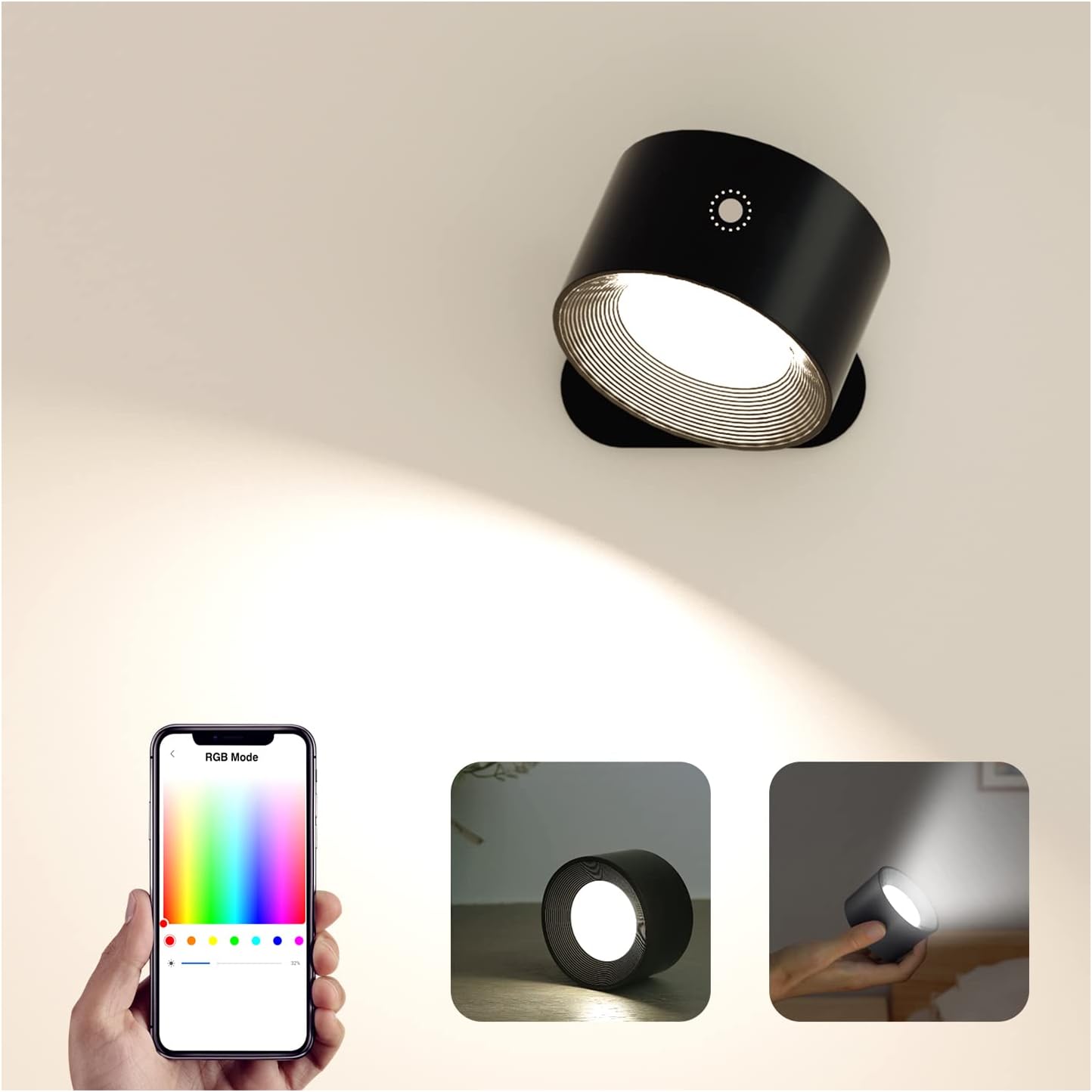 Wall Light Indoor, Wall Lamp Dimmable with Battery with USB Charging Port, Smart Wall Lamp Touch Control 3 Brightness Levels 16 Million Colours 360° Rotatable for Living Room (Black+Colorful Light) - Amazing Gadgets Outlet