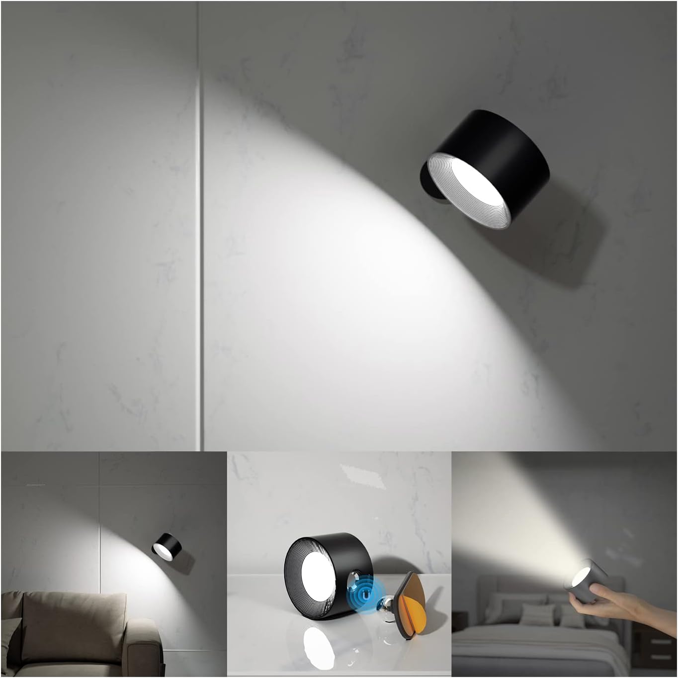 Wall Light Indoor, Wall Lamp Dimmable with Battery with USB Charging Port, Smart Wall Lamp Touch Control 3 Brightness Levels 16 Million Colours 360° Rotatable for Living Room (Black+Colorful Light) - Amazing Gadgets Outlet