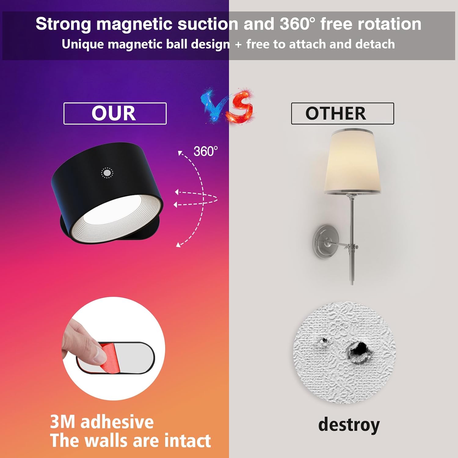 Wall Light Indoor, Wall Lamp Dimmable with Battery with USB Charging Port, Smart Wall Lamp Touch Control 3 Brightness Levels 16 Million Colours 360° Rotatable for Living Room (Black+Colorful Light) - Amazing Gadgets Outlet