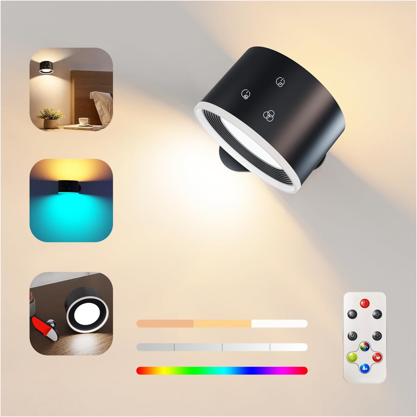 Wall Light Indoor, Wall Lamp Dimmable with Battery with USB Charging Port, Smart Wall Lamp Touch Control 3 Brightness Levels 16 Million Colours 360° Rotatable for Living Room (Black+Colorful Light) - Amazing Gadgets Outlet