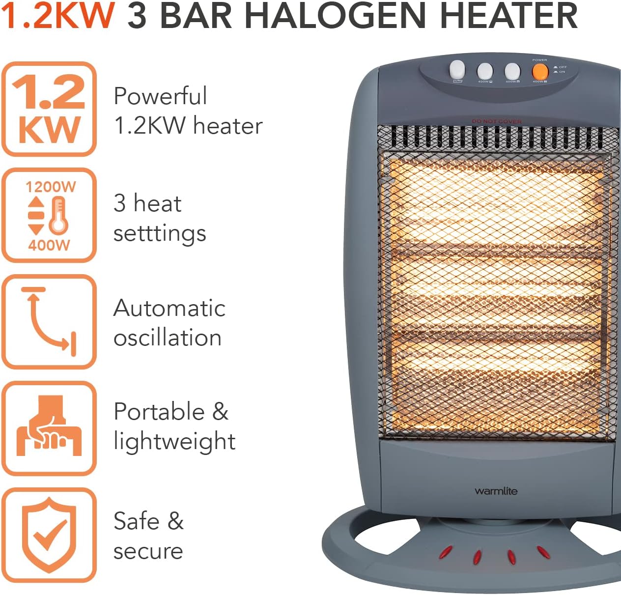 Warmlite WL42005 3 Bar Halogen Heater with Carry Handle, Safety Tip - Over Switch, 1200W, Grey - Amazing Gadgets Outlet