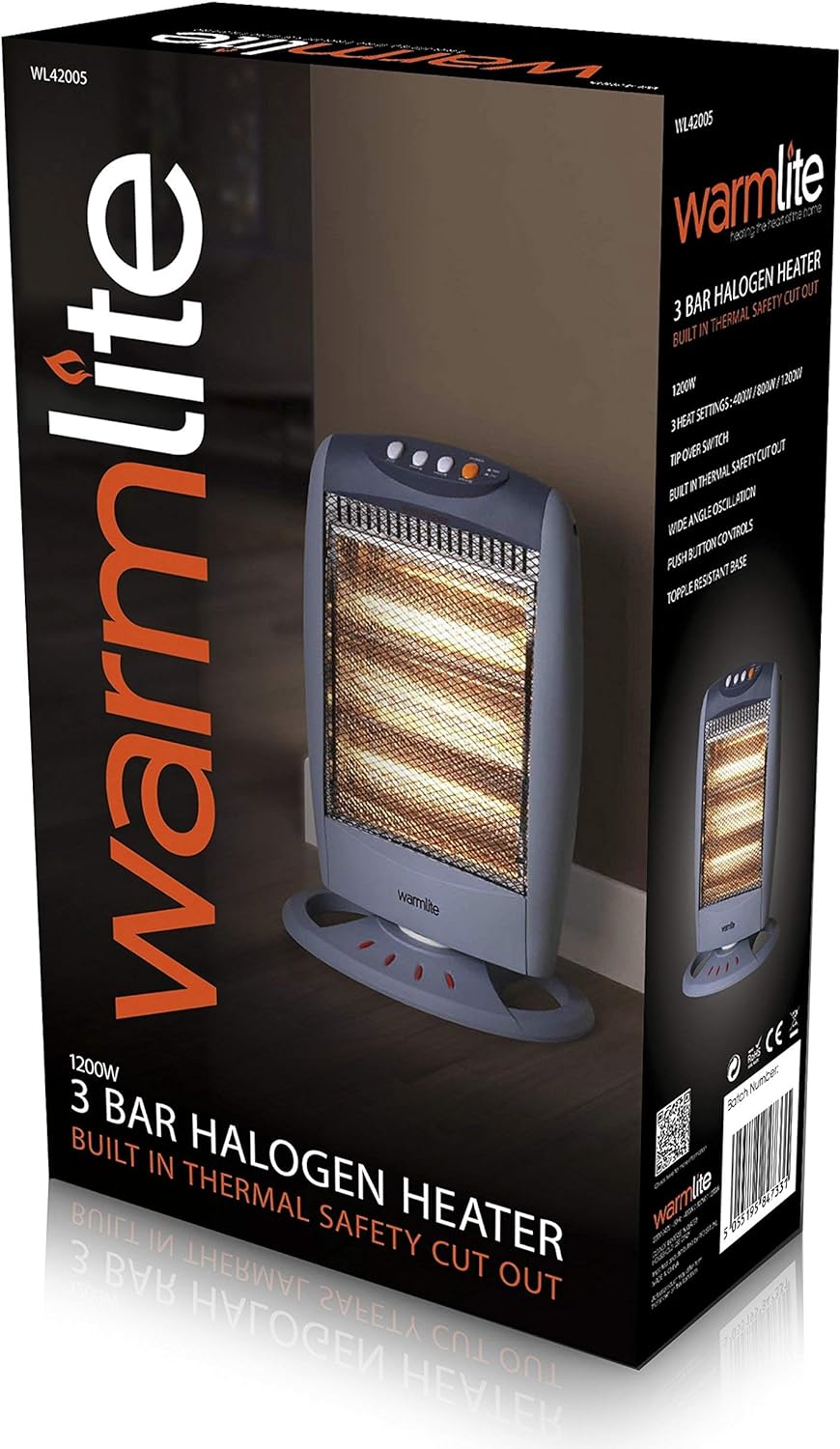 Warmlite WL42005 3 Bar Halogen Heater with Carry Handle, Safety Tip - Over Switch, 1200W, Grey - Amazing Gadgets Outlet