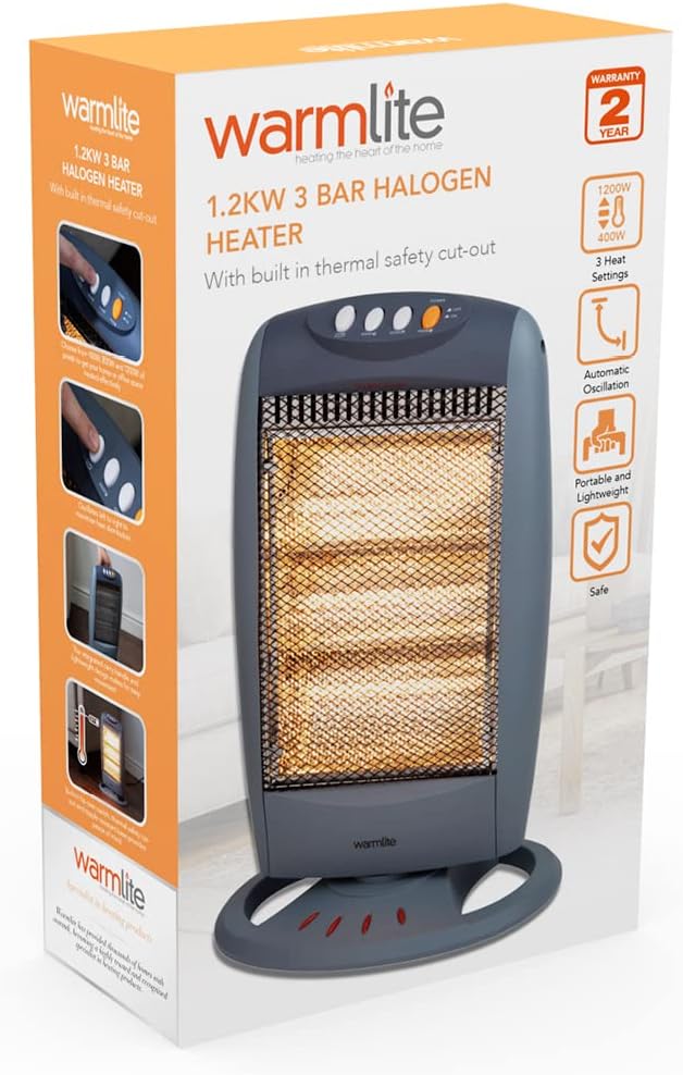 Warmlite WL42005 3 Bar Halogen Heater with Carry Handle, Safety Tip - Over Switch, 1200W, Grey - Amazing Gadgets Outlet