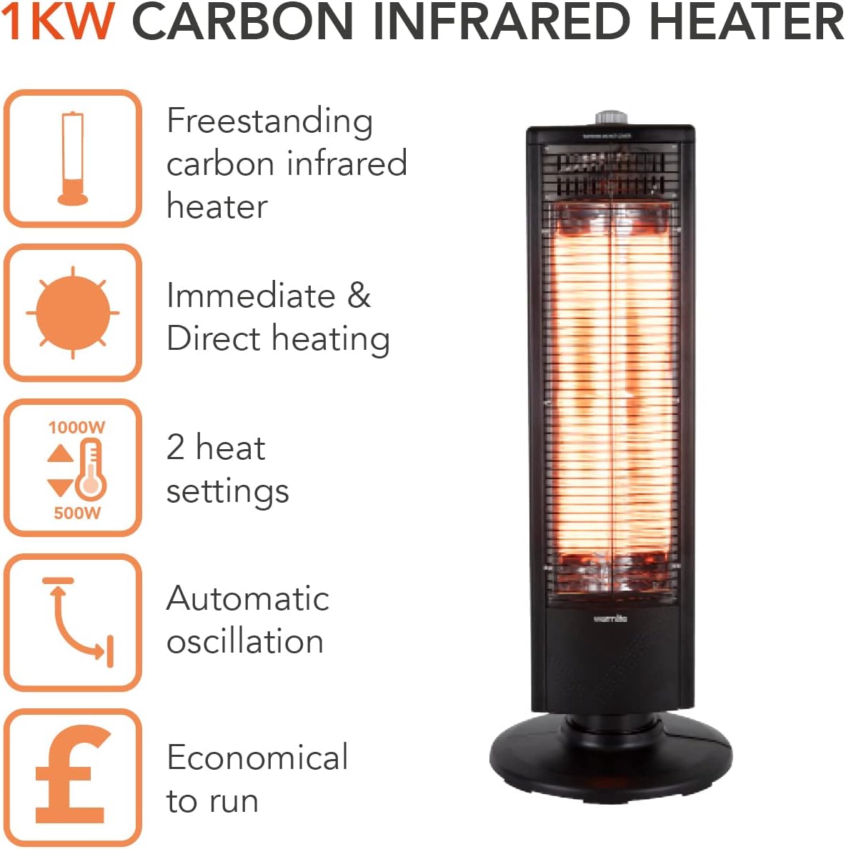 Warmlite WL42013 1KW Carbon Infrared Heater with Oscillation, Adjustable Thermostat and Overheat Protection, Black,80.5 cm*17.0 cm*22.5 cm - Amazing Gadgets Outlet