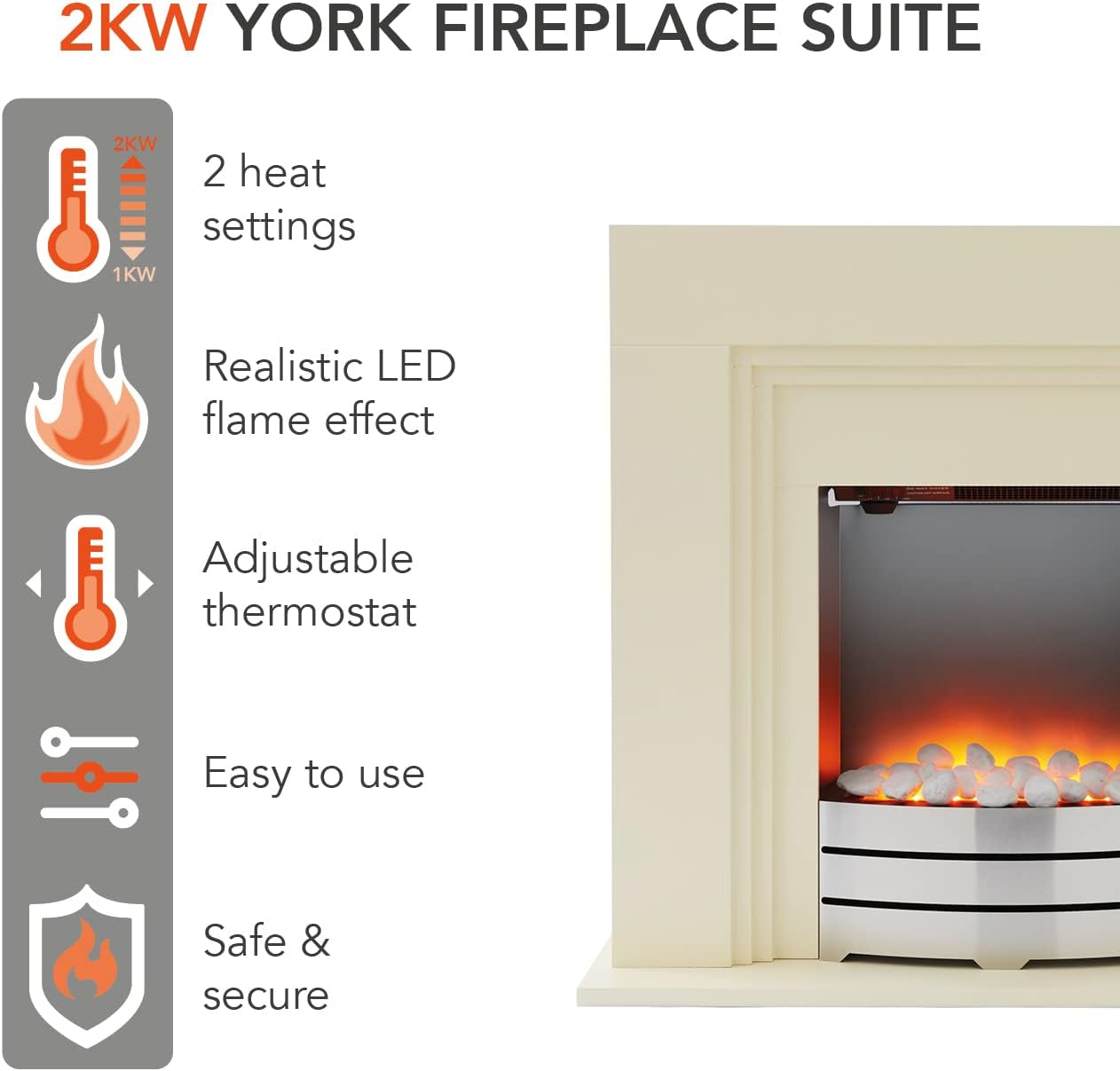 Warmlite WL45011 2000W York Fireplace Suite with Realistic LED Flame Effect and Adjustable Thermostat, Ivory with Chrome Accents - Amazing Gadgets Outlet