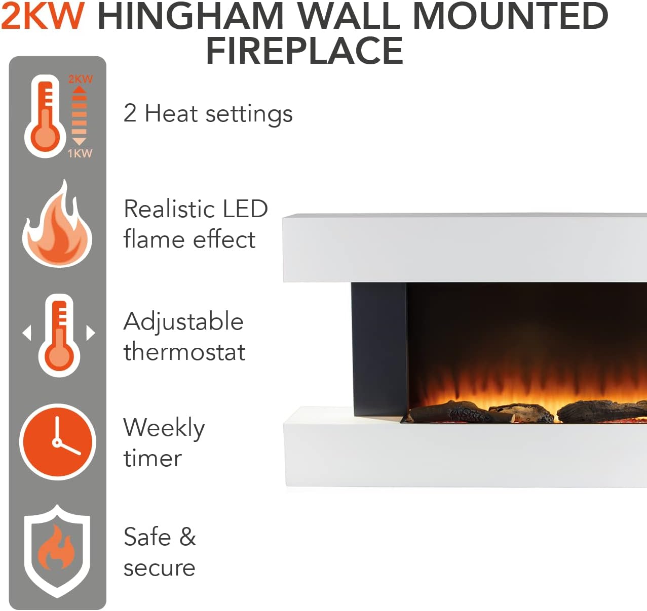 Warmlite WL45033N Hingham Wall Mounted Fireplace with Two Heat Settings and Adjustable Flame Brightness, 2000W, White - Amazing Gadgets Outlet