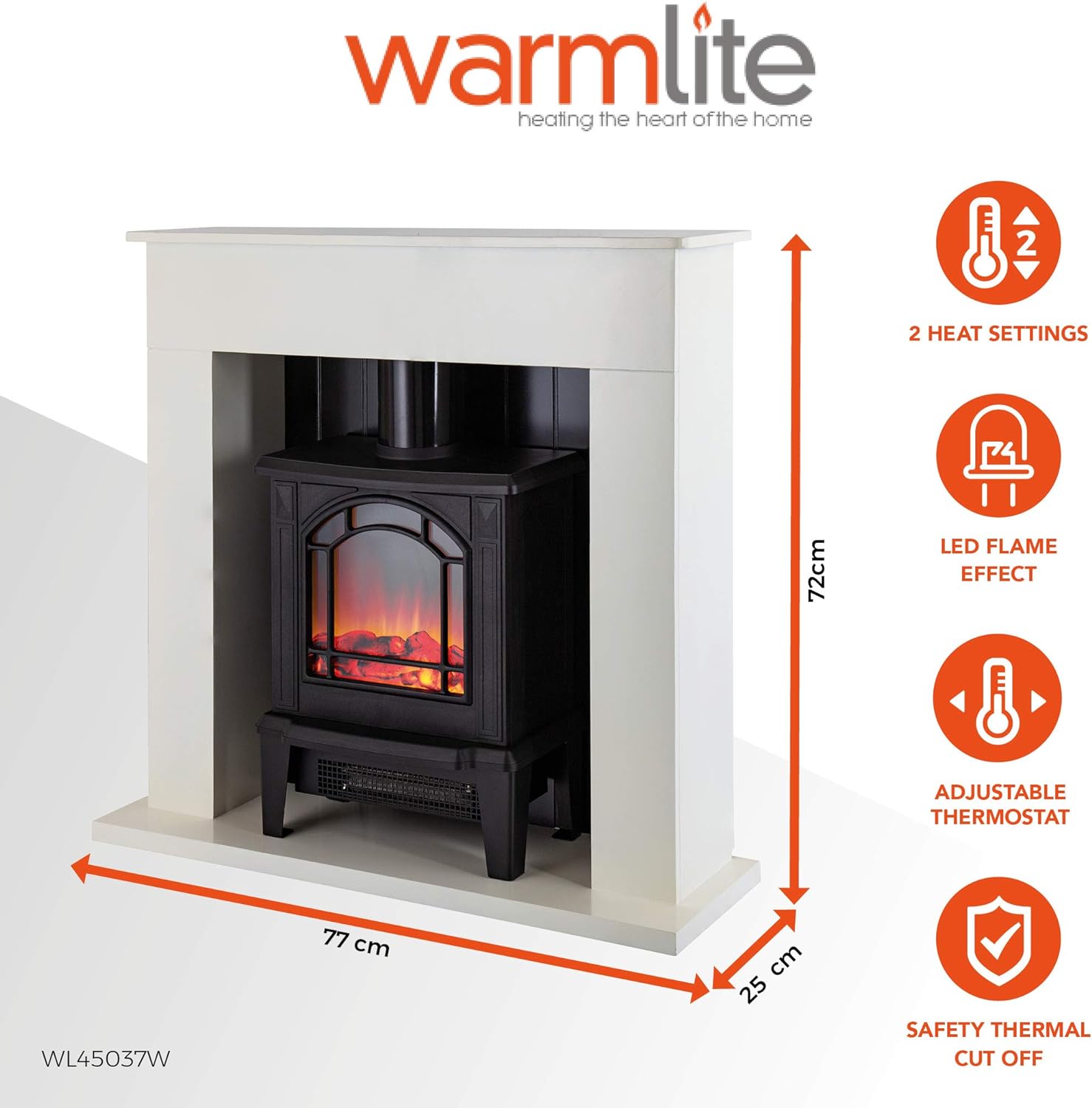 Warmlite WL45037W Ealing Electric Fireplace Suite with Adjustable Thermostat Control, 2 Heat Settings, 1800W, White - Amazing Gadgets Outlet