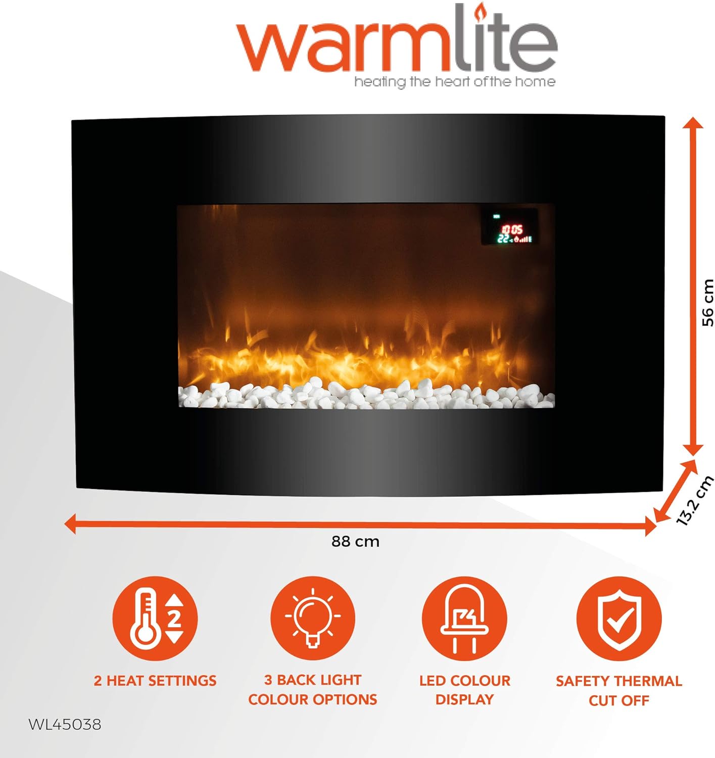 Warmlite WL45038 Glasgow Curved Glass Wall Mounted Fireplace, Remote Control Operated with 2 Heat Settings, LED Flame Effect and 6 Colour Mood Lighting, Black - Amazing Gadgets Outlet