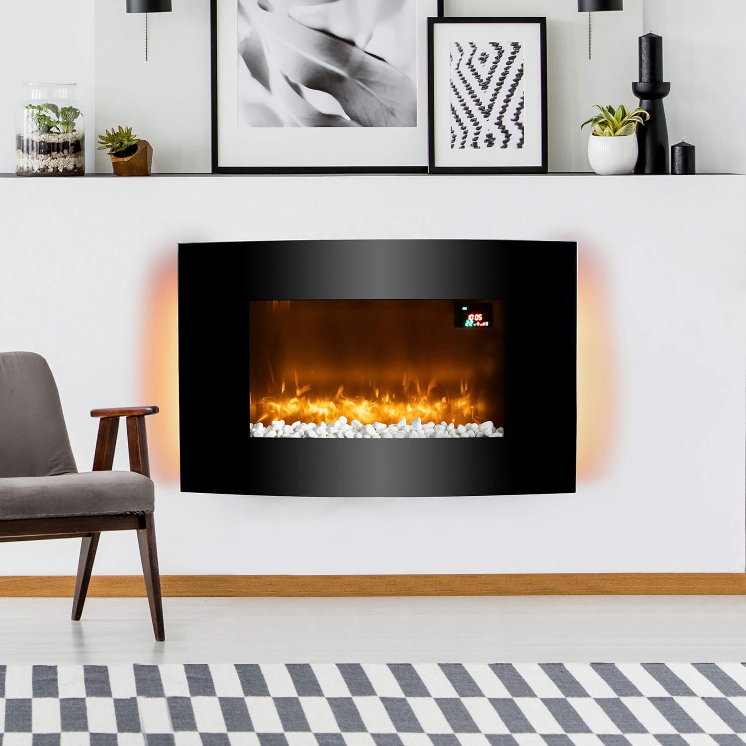 Warmlite WL45038 Glasgow Curved Glass Wall Mounted Fireplace, Remote Control Operated with 2 Heat Settings, LED Flame Effect and 6 Colour Mood Lighting, Black - Amazing Gadgets Outlet