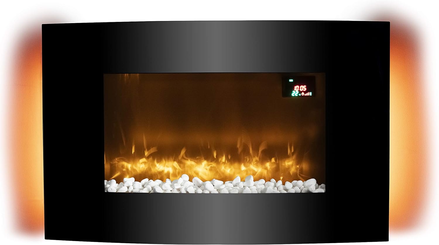 Warmlite WL45038 Glasgow Curved Glass Wall Mounted Fireplace, Remote Control Operated with 2 Heat Settings, LED Flame Effect and 6 Colour Mood Lighting, Black - Amazing Gadgets Outlet