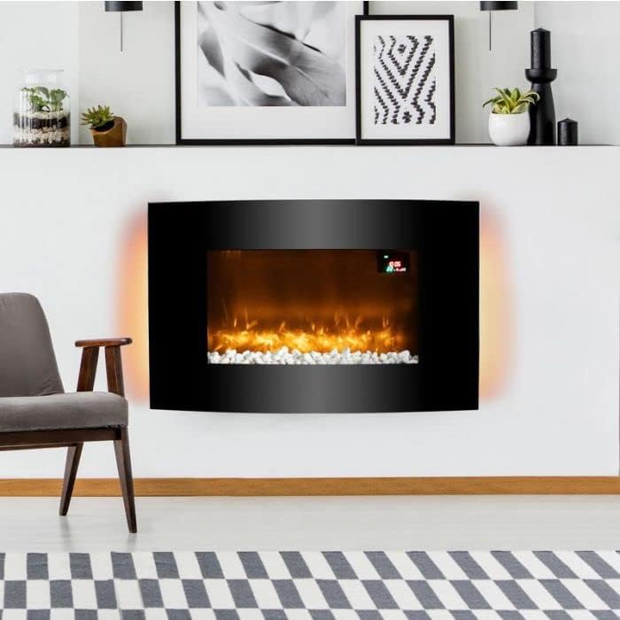 Warmlite WL45038 Glasgow Curved Glass Wall Mounted Fireplace, Remote Control Operated with 2 Heat Settings, LED Flame Effect and 6 Colour Mood Lighting, Black - Amazing Gadgets Outlet