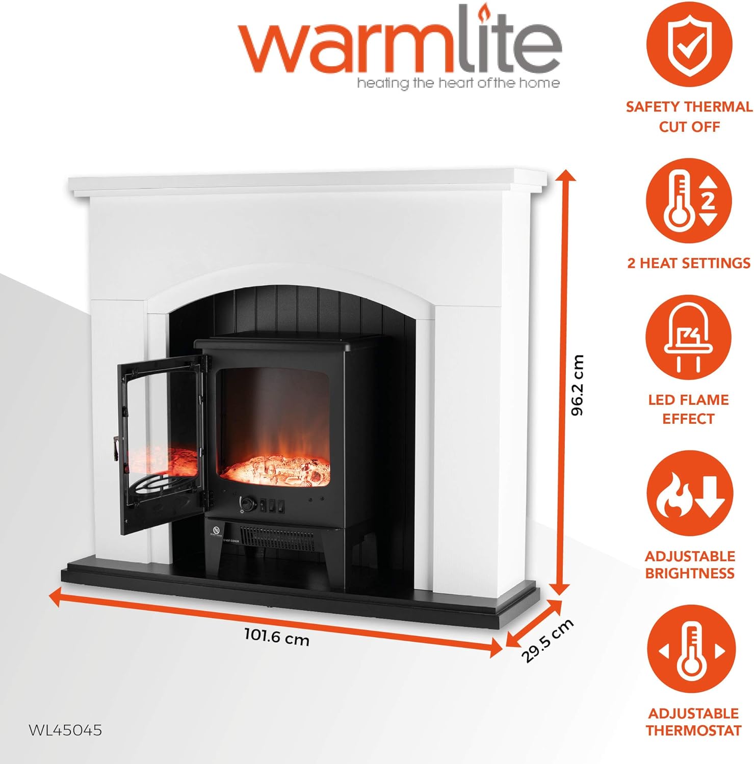 Warmlite WL45045 Newcastle Electric Fireplace Suite, Adjustable Thermostat and LED Flame Effect, Traditional Stove Design, White - Amazing Gadgets Outlet