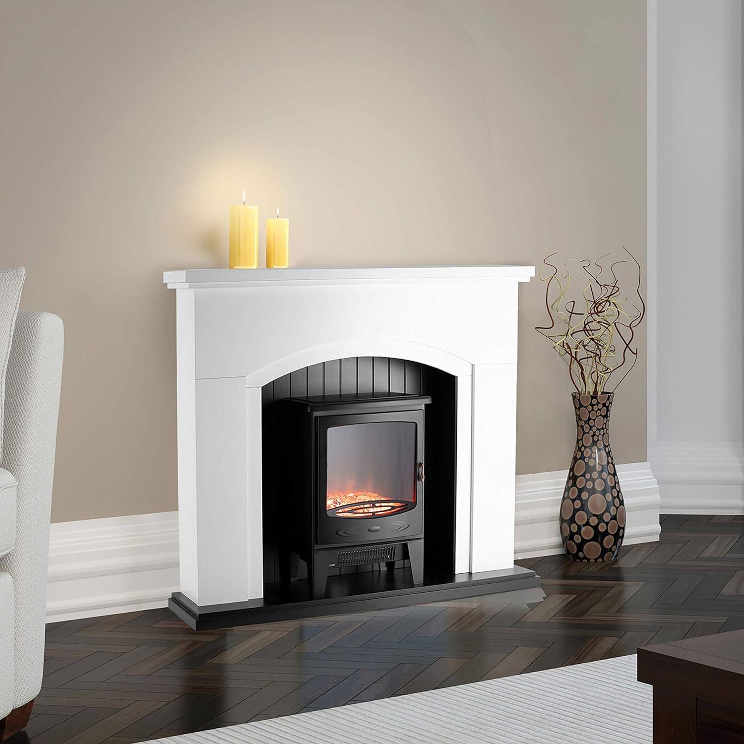 Warmlite WL45045 Newcastle Electric Fireplace Suite, Adjustable Thermostat and LED Flame Effect, Traditional Stove Design, White - Amazing Gadgets Outlet