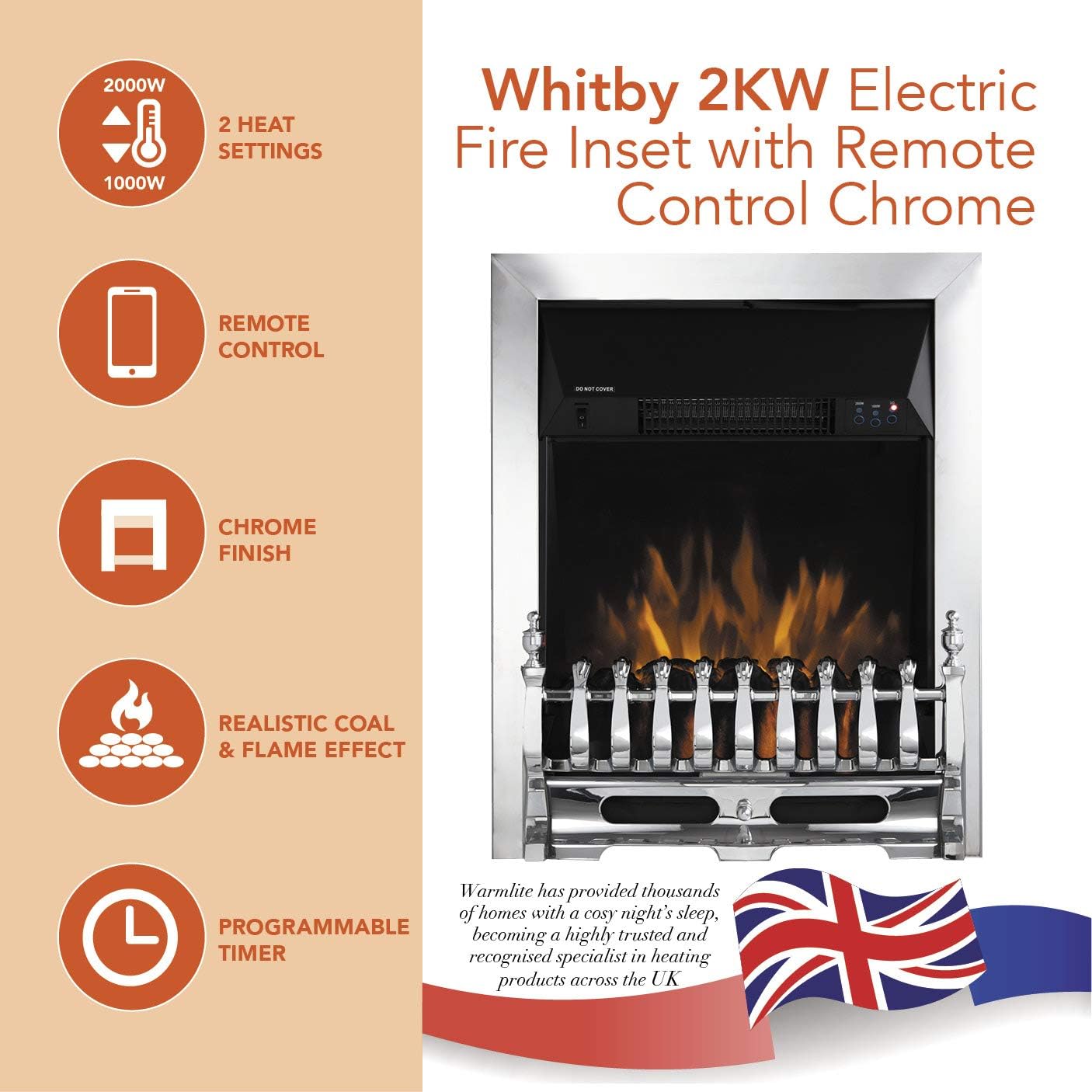 Warmlite WL45048 Whitby 2kW LED Electric Fire Inset with Remote Control, 2000W, Chrome - Amazing Gadgets Outlet