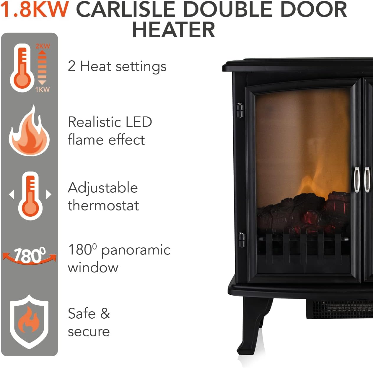 Warmlite WL46027 Carlisle Double Door Panoramic Stove with Two Heat Settings, Adjustable Thermostat and Overheat Protection, 1800W, Black - Amazing Gadgets Outlet