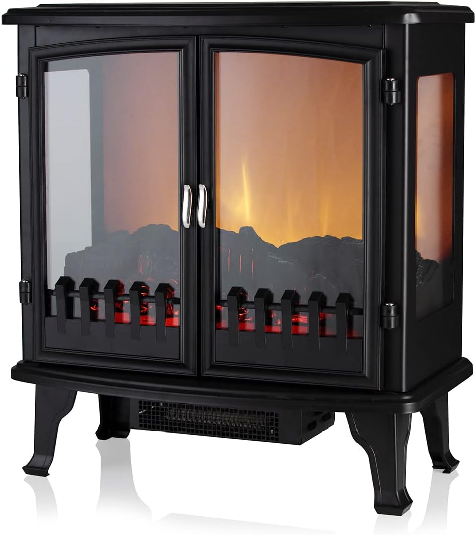 Warmlite WL46027 Carlisle Double Door Panoramic Stove with Two Heat Settings, Adjustable Thermostat and Overheat Protection, 1800W, Black - Amazing Gadgets Outlet