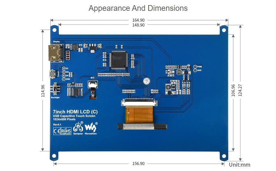 Waveshare 7 inch Display for Raspberry Pi 4 Capacitive Touchscreen HDMI LCD (C) 1024x600 Resolution IPS with 170° View Angle Support All Raspberry Pi/Windows 10/8.1/8/7 PC Monitor - Amazing Gadgets Outlet