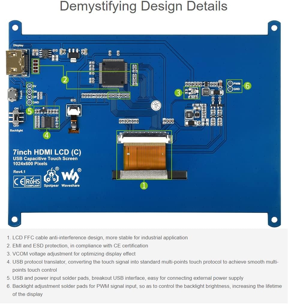 Waveshare 7 inch Display for Raspberry Pi 4 Capacitive Touchscreen HDMI LCD (C) 1024x600 Resolution IPS with 170° View Angle Support All Raspberry Pi/Windows 10/8.1/8/7 PC Monitor - Amazing Gadgets Outlet