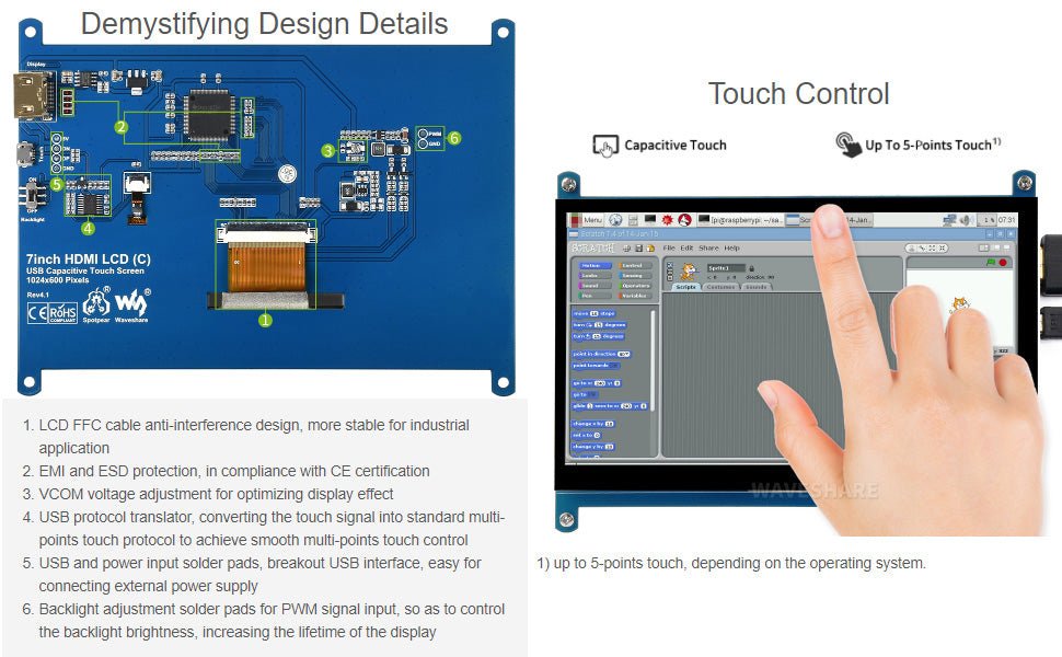 Waveshare 7 inch Display for Raspberry Pi 4 Capacitive Touchscreen HDMI LCD (C) 1024x600 Resolution IPS with 170° View Angle Support All Raspberry Pi/Windows 10/8.1/8/7 PC Monitor - Amazing Gadgets Outlet