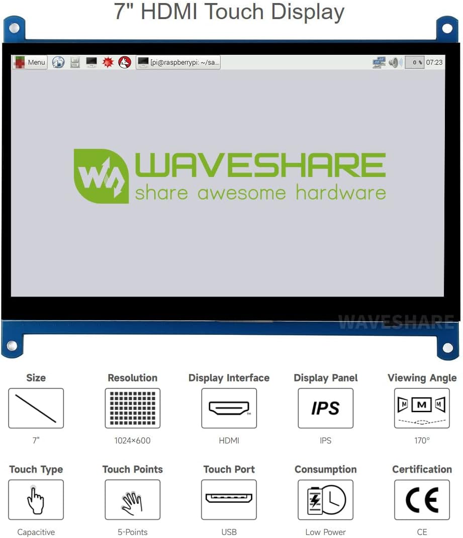 Waveshare 7 inch Display for Raspberry Pi 4 Capacitive Touchscreen HDMI LCD (C) 1024x600 Resolution IPS with 170° View Angle Support All Raspberry Pi/Windows 10/8.1/8/7 PC Monitor - Amazing Gadgets Outlet