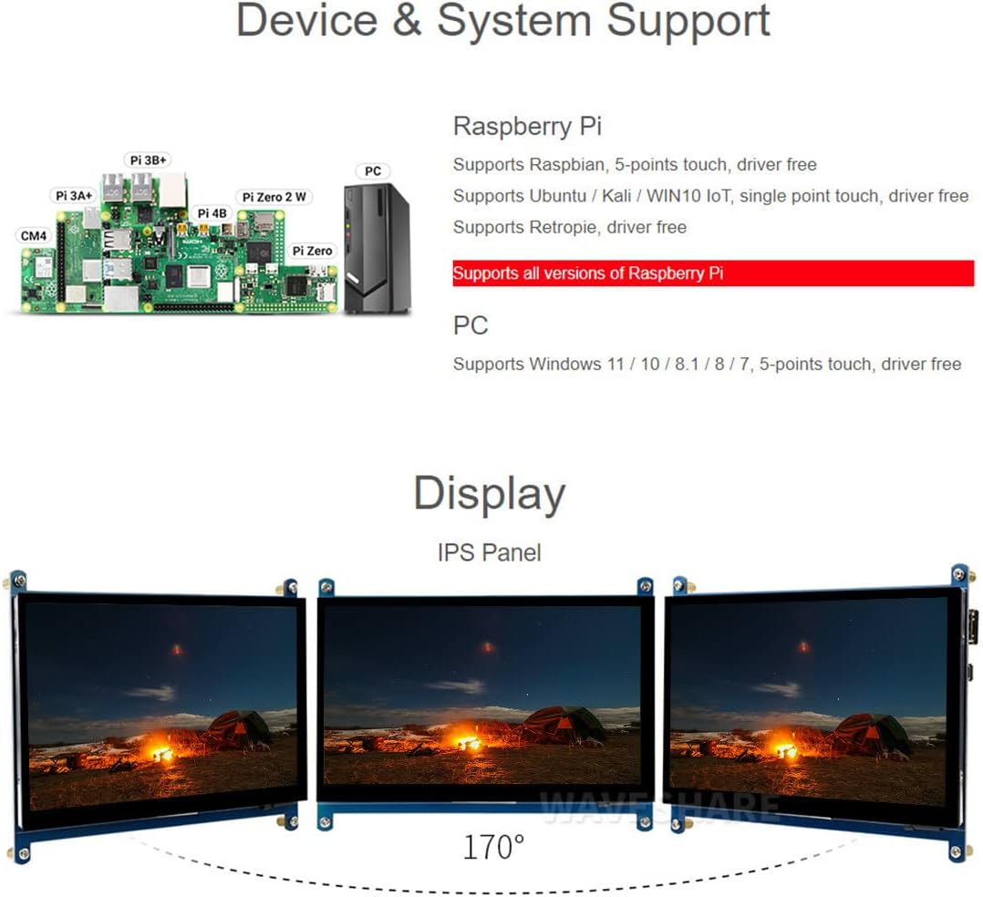 Waveshare 7 inch Display for Raspberry Pi 4 Capacitive Touchscreen HDMI LCD (C) 1024x600 Resolution IPS with 170° View Angle Support All Raspberry Pi/Windows 10/8.1/8/7 PC Monitor - Amazing Gadgets Outlet