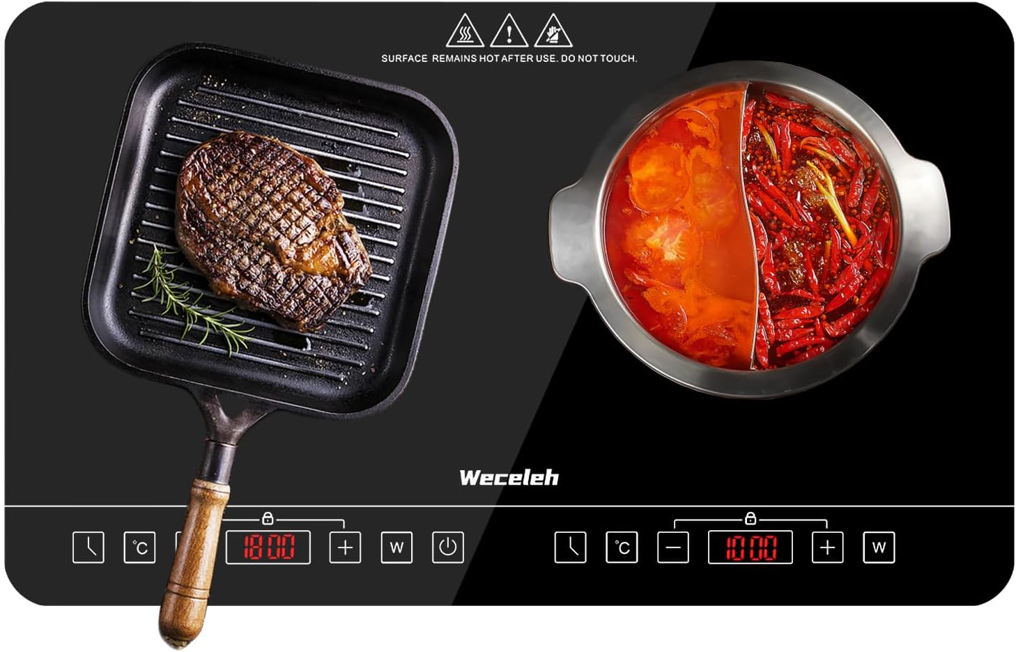 Weceleh Double Induction Hob, Portable Induction Cooker with 2 Hobs, Independent Control Cooktop, Electric Stove with 9 Power Levels & 10 Temp Settings, 180Min Timer, Child Lock, 2800W (Plug In) - Amazing Gadgets Outlet