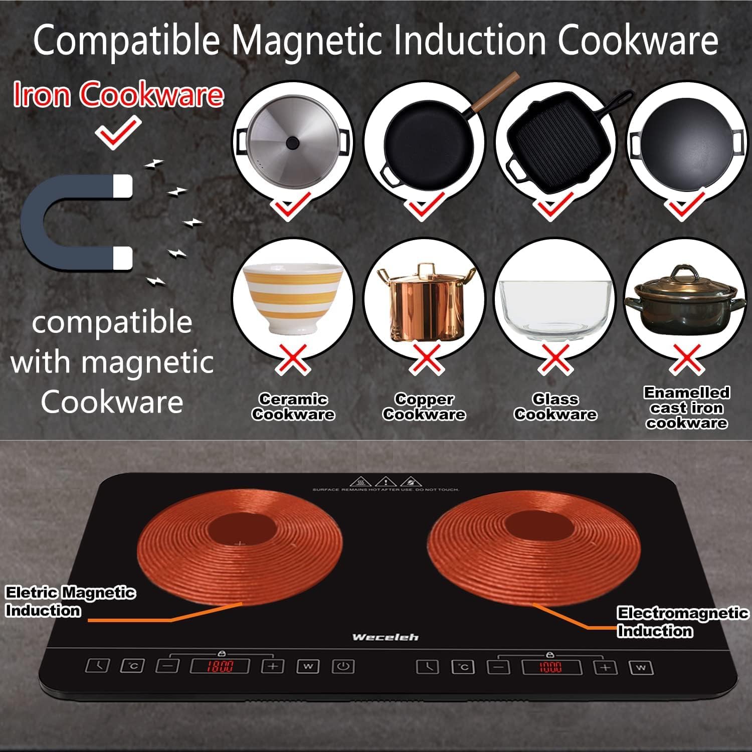 Weceleh Double Induction Hob, Portable Induction Cooker with 2 Hobs, Independent Control Cooktop, Electric Stove with 9 Power Levels & 10 Temp Settings, 180Min Timer, Child Lock, 2800W (Plug In) - Amazing Gadgets Outlet