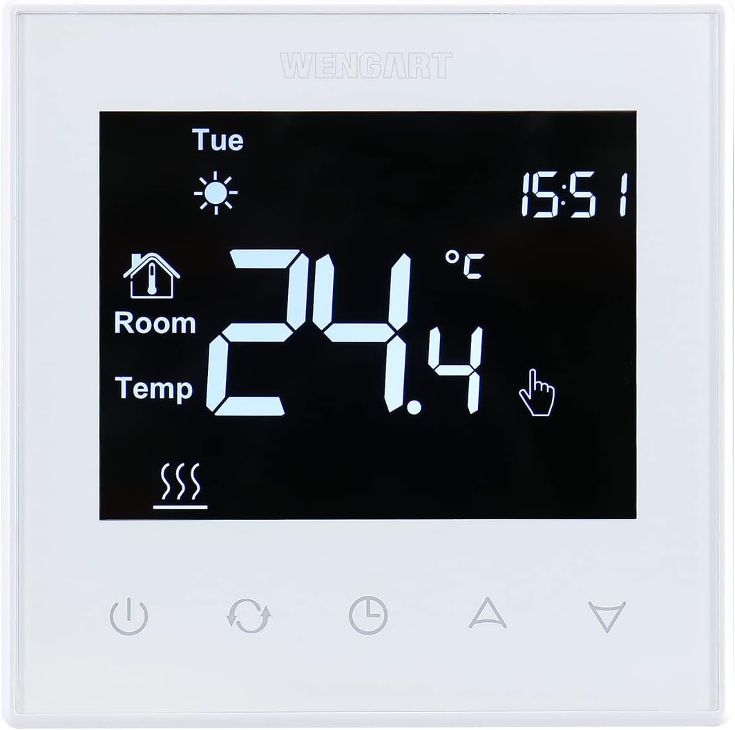 Wengart Underfloor Heating Thermostats Controller 7 - day Programmable with LCD Touch Screen WG505,AC230V 16A for Electric Underfloor Heating with 3m Probe Sensor Black - Amazing Gadgets Outlet