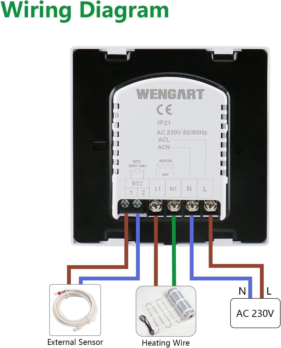 Wengart Underfloor Heating Thermostats Controller 7 - day Programmable with LCD Touch Screen WG505,AC230V 16A for Electric Underfloor Heating with 3m Probe Sensor Black - Amazing Gadgets Outlet