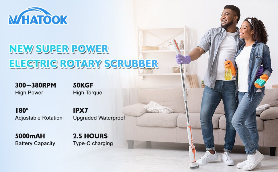 WHATOOK Electric Spin Scrubber，Cordless Powerful Scrub Brush，Adjustable Extension Long Handle & 8 Replaceable Rotating Heads Scrubbing Brush for Cleaning Bathroom, Kitchen, Shower Tub & Floor Tile   Import  Single ASIN  Import  Multiple ASIN ×Pro - Amazing Gadgets Outlet