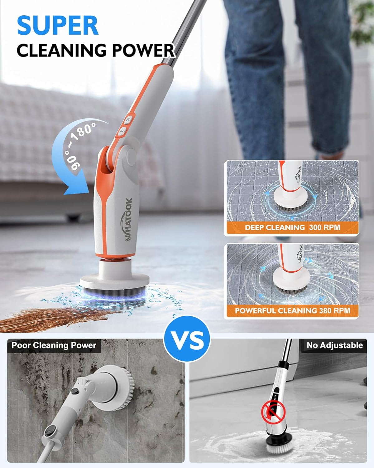 WHATOOK Electric Spin Scrubber，Cordless Powerful Scrub Brush，Adjustable Extension Long Handle & 8 Replaceable Rotating Heads Scrubbing Brush for Cleaning Bathroom, Kitchen, Shower Tub & Floor Tile   Import  Single ASIN  Import  Multiple ASIN ×Pro - Amazing Gadgets Outlet