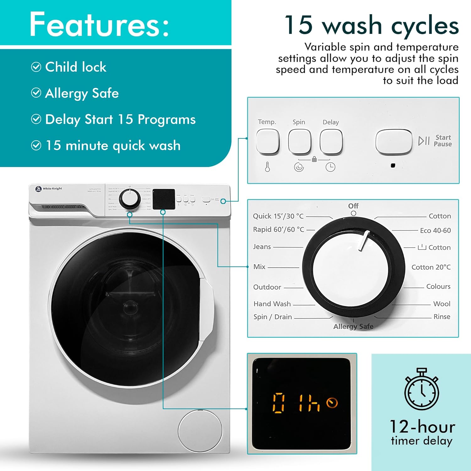 White Knight 8kg Load 1400rpm Spin Freestanding Washing Machine WM148WTPC - Amazing Gadgets Outlet