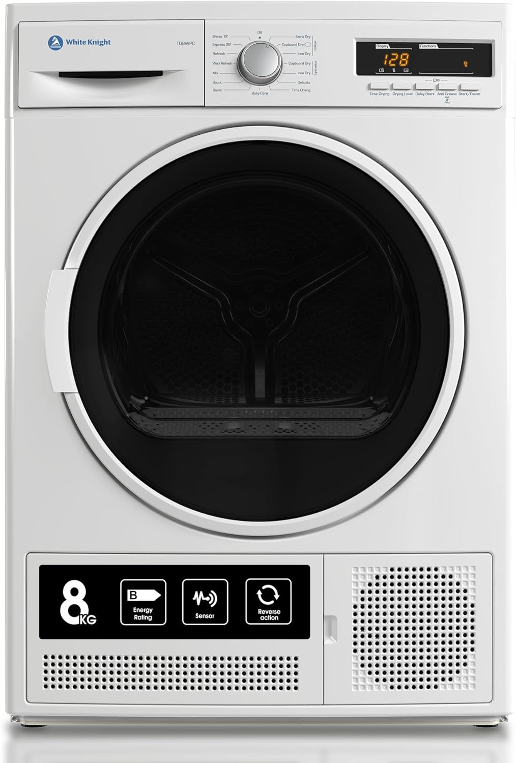 White Knight Condenser Sensor Tumble Dryer 8kg TD8WPC Freestanding B Rated - Amazing Gadgets Outlet