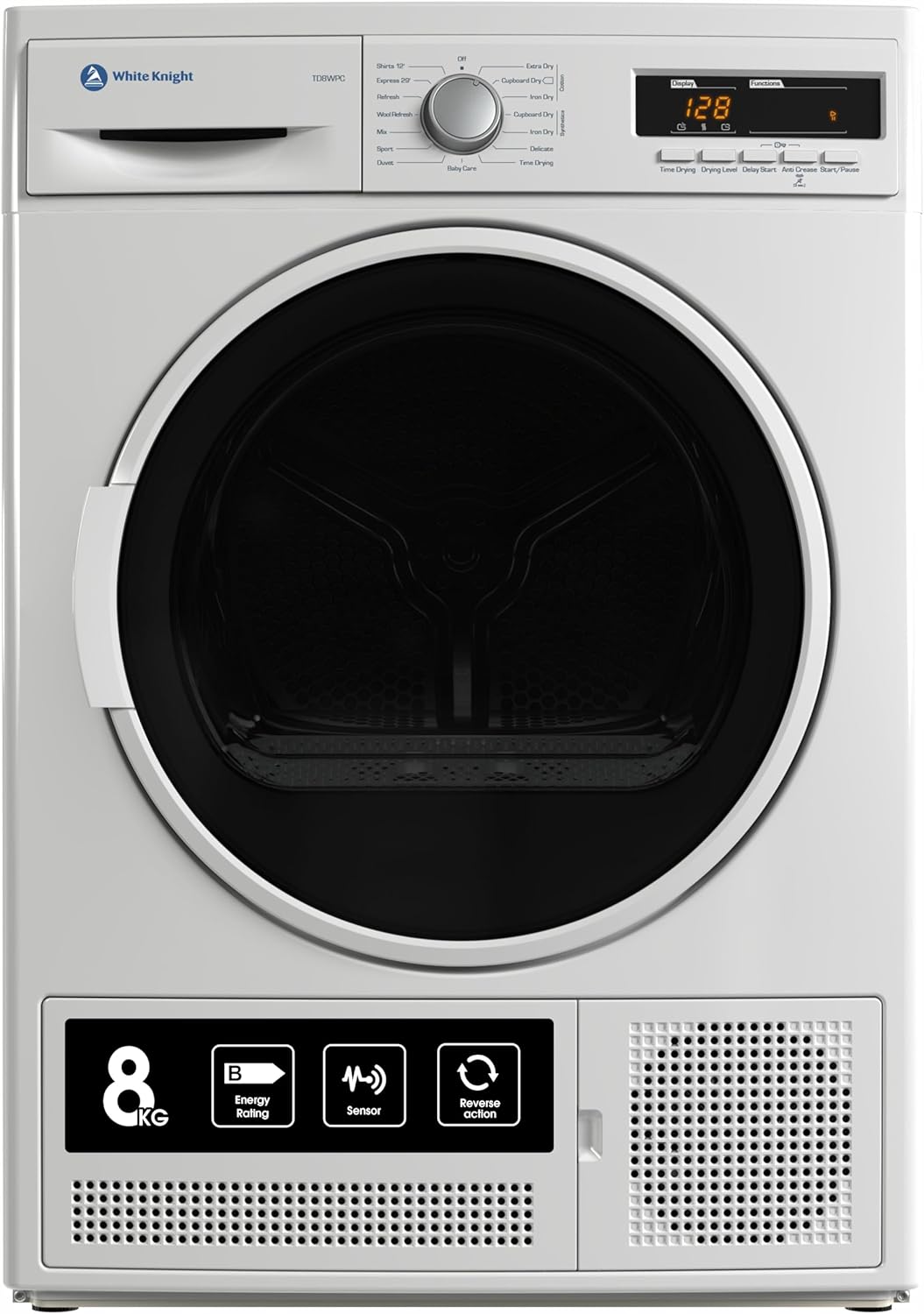 White Knight Condenser Sensor Tumble Dryer 8kg TD8WPC Freestanding B Rated - Amazing Gadgets Outlet