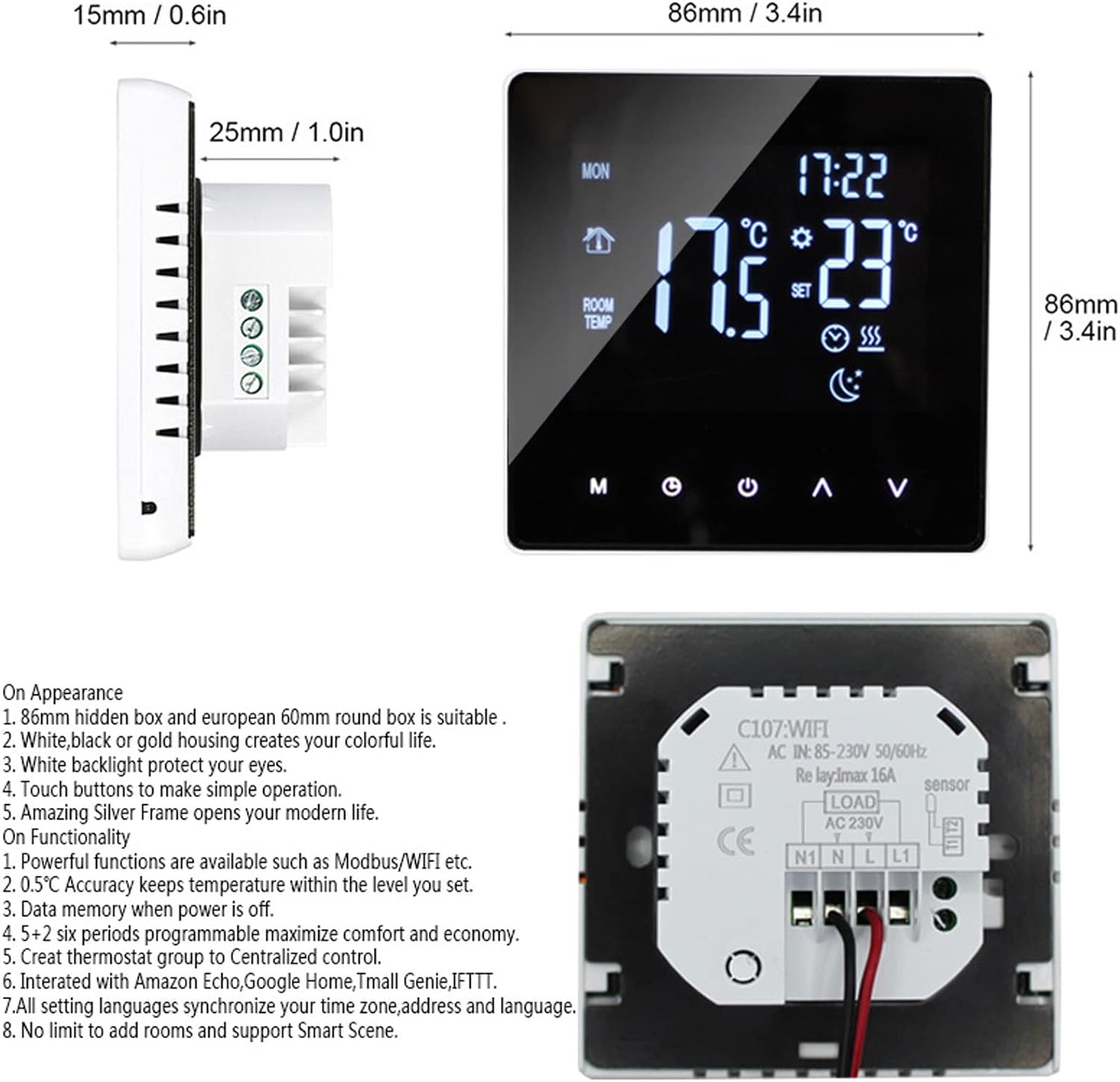 Wifi Smart Thermostat, Touch Screen Temperature Controller Smart Thermostat for Combi Boiler - 16A Programmable Thermostat Suitable for Tuya App/Smart Life App, Control Boiler and Hot Water - Amazing Gadgets Outlet