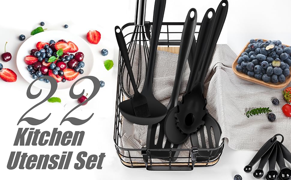 Wildone Kitchen Utensils Set, Silicone Kitchen Utensils, 22 pcs Non - Stick Silicone Cooking Kitchen Utensils Spatula Set with Holder, Cooking Spatula Turner Heat Resistant Tools,Dishwasher Safe - Amazing Gadgets Outlet